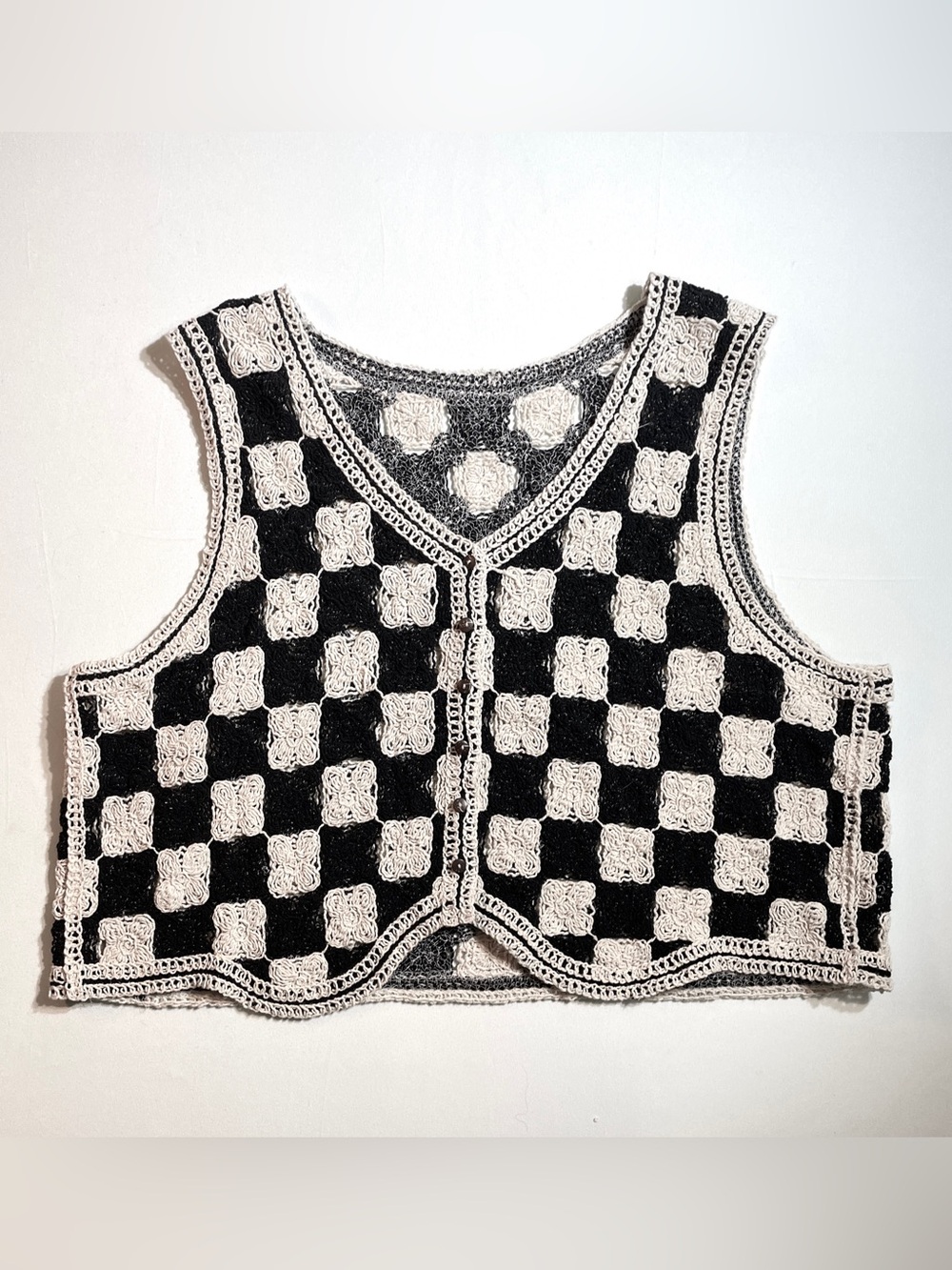 Checkered Vest cardigan Black and White Crocheted Checked Tank Top